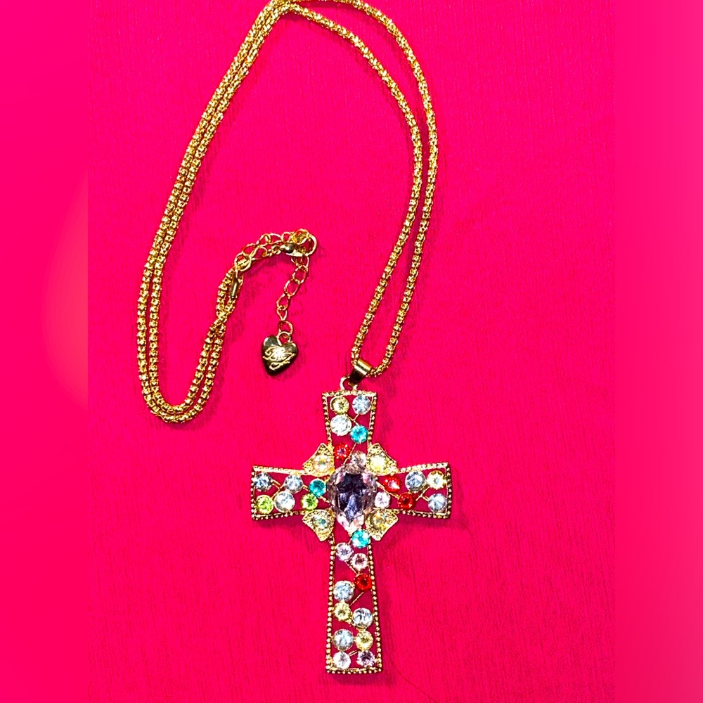 Gold color Cross Necklace w/ Rhinestones of different colors - Picture 1 of 2